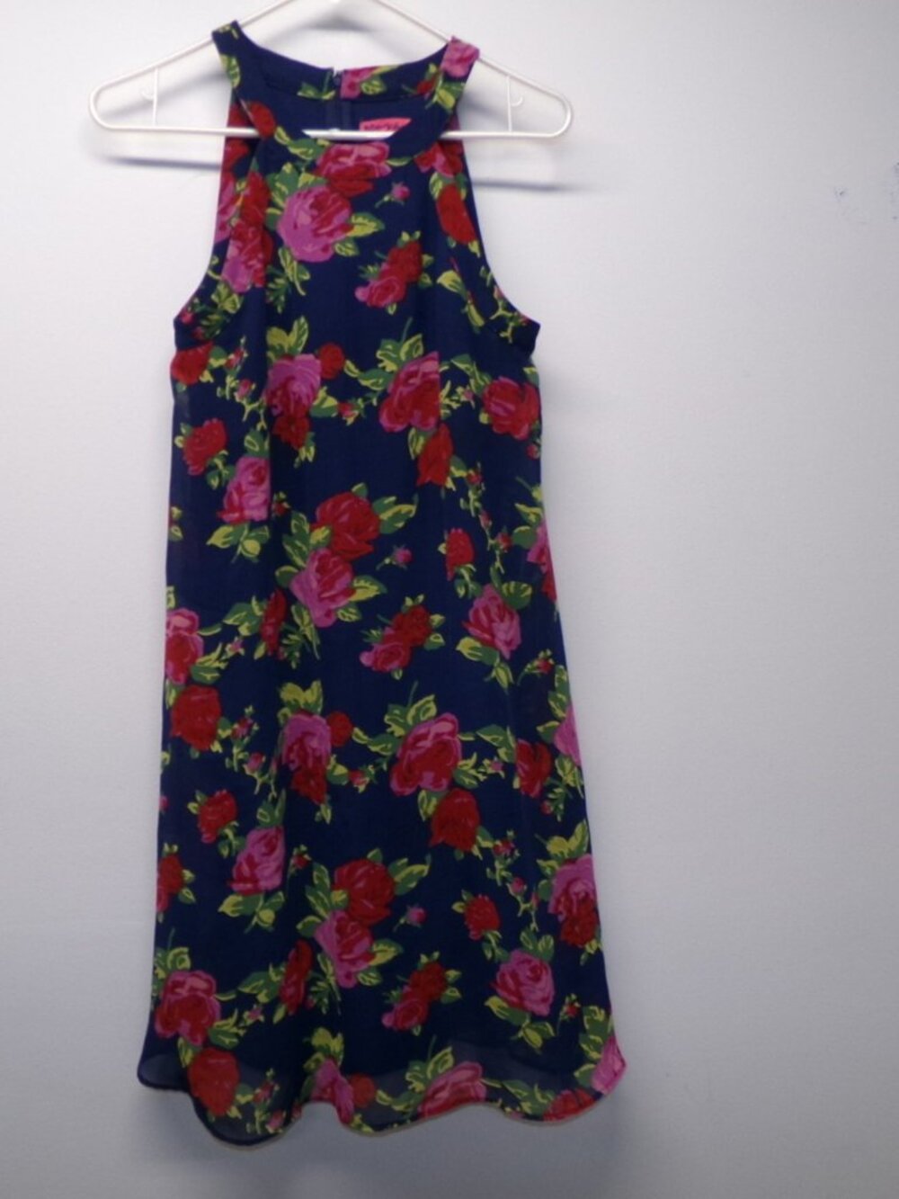 Betsey Johnson Blue Pink Red Rose Floral Halter Mini Party Dress Women's sz 2